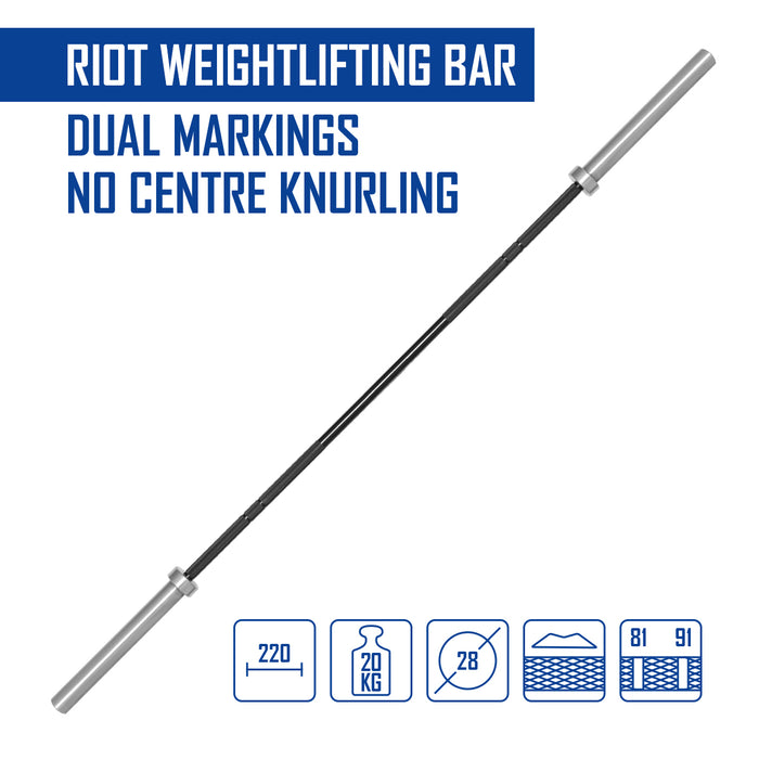 Riot Weightlifting Bar - Dual Markings without Center Knurling - Strength Shop