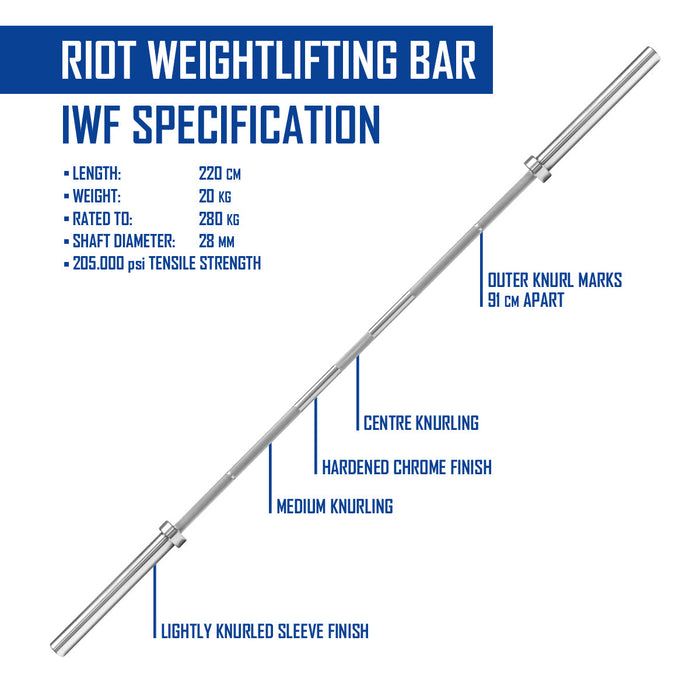 Riot Weightlifting Bar - Men's 20kg, IWF Specification (B-WARE) - Strength Shop