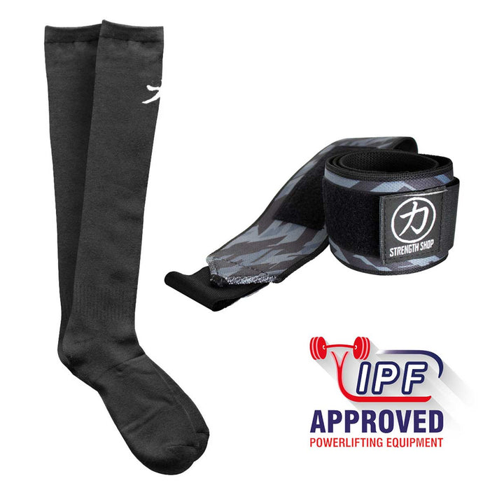 Medium Wrist Wraps - Dark Camo and Black Deadlift / Weightlifting Socks - IPF Approved - Strength Shop